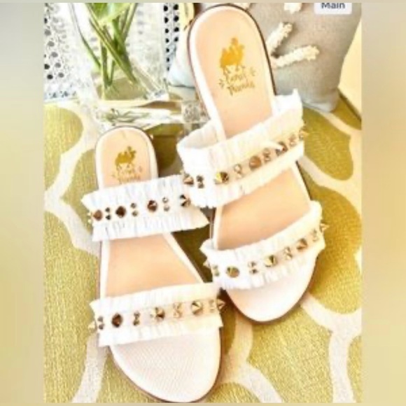 CAMEL THREADS White Gold Sandal Flats Shoes Raffia Gold Slip On 2 Strap‎ Women 7 - Picture 1 of 8